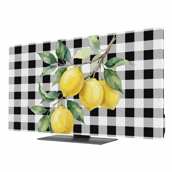 Indoor Elastic TV Cover, Summer Lemons Dust Proof TV Screen Slipcover Protection, White Black Plaid Farmhouse Tropical Fruits Stretch Waterproof Monitor Fitted 24" TV Covers for Inside