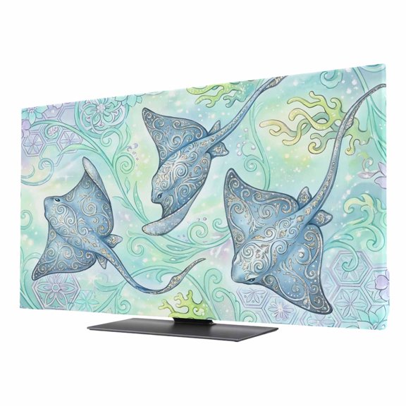 Indoor Elastic TV Cover, Teal Blue Stingray Dust Proof TV Screen Slipcover Protection, Ocean Coastal Chic Flowers Corals Stretch Waterproof Monitor Fitted 75" TV Covers for Inside