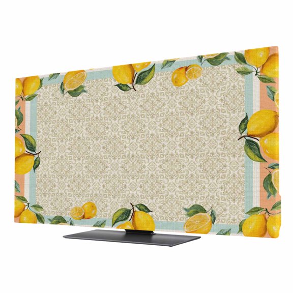 Indoor Elastic TV Cover, Yellow Lemon Dust Proof TV Screen Slipcover Protection, Summer Boho Country Fruits Beige Geometric Stretch Waterproof Monitor Fitted 40" TV Covers for Inside