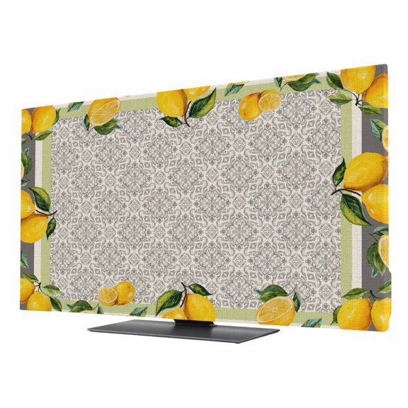 Indoor Elastic TV Cover, Yellow Lemon Dust Proof TV Screen Slipcover Protection, Summer Boho Country Fruits Grey Geometric Stretch Waterproof Monitor Fitted 40" TV Covers for Inside