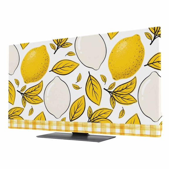 Indoor Elastic TV Cover, Yellow Lemon Dust Proof TV Screen Slipcover Protection, Summer Botanical Leaves Plaid Stretch Waterproof Monitor Fitted 24" TV Covers for Inside
