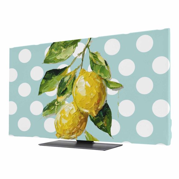 Indoor Elastic TV Cover, Yellow Lemon Dust Proof TV Screen Slipcover Protection, Summer Oil Painting Fruits Polka Dot Green Stretch Waterproof Monitor Fitted 24" TV Covers for Inside