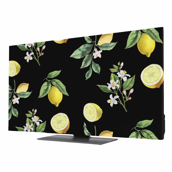 Indoor Elastic TV Cover, Yellow Lemon Summer Dust Proof TV Screen Slipcover Protection, Farmhouse Tropical Fruit Black Stretch Waterproof Monitor Fitted 24" TV Covers for Inside