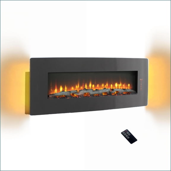 Indoor Electric Fireplace, 48 Inch Curved Front with Multi-Color Flame & Ember Bed, Remote | Wall Mount | Vent Free