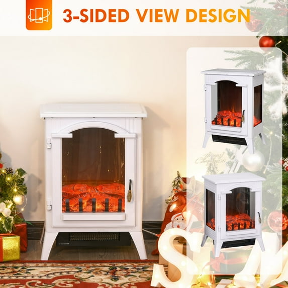 Indoor Electric Fireplace Heater, Fire Place Stove with Thermostat Control and Adjustable Brightness, Portable Fireplace with Plastic Door, Steel Main Frame and Tempered Glass, 750W/1500W, White