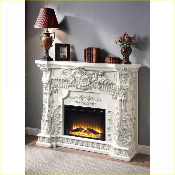 Indoor LED Electric Fireplace, Transitional Scrolled Floral | Antique White | Resin, Synthetic Wood