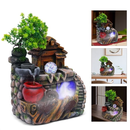 Indoor Electric Waterproof Desktop Fountain Waterfull, Resin Rockery Tabletop Water Fountain with LED Light