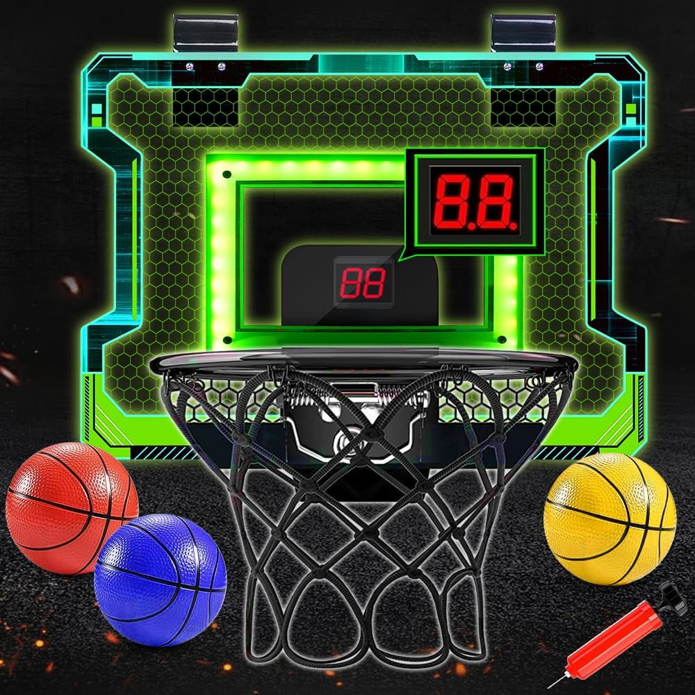 Indoor Electronic Basketball Hoop with Scoreboard, LED Lights, 3 Balls & Pump For Kids, Teens