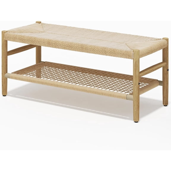 Indoor Entryway Bench with Paper Cord Ottoman & Grid Storage Rack, Mid-Century Long Bench with Rubber Wood Legs, French Vanity End Bed Bench for Bedroom Living Room Channel