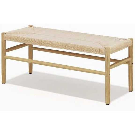 Indoor Entryway Bench with Paper Cord Ottoman, Mid-Century Long Bench with Rubber Wood Legs, French Vanity End Bed Bench for Bedroom Living Room Channel$$Furniture