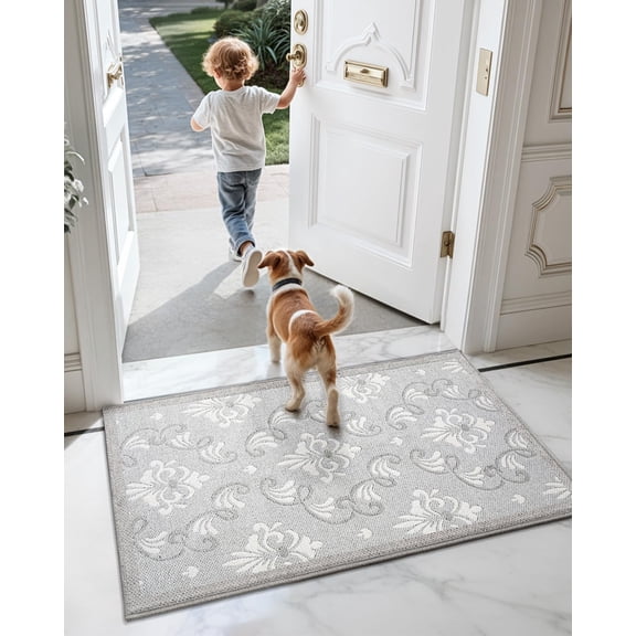Indoor Entryway Door Mat 24 x 36 Ultra-Thin Rug, Smart Savings Option, Floral Design Non-Slip Floor Mat for Homes