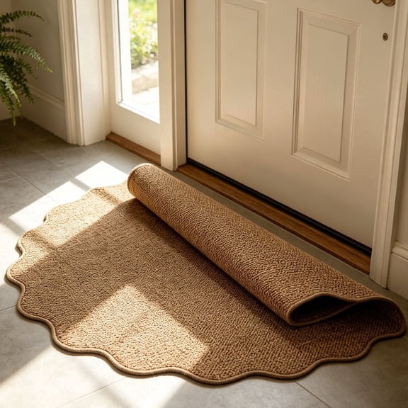 Indoor Entryway Rug with Scalloped Jute Look Pineapple Weave Textured Half Round Doormat for Front Door 40x60cm
