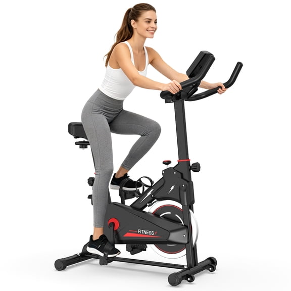 Indoor Exercise Bike with Monitor, Adjustable Resistance, Comfortable Seat & Handlebars, Stable Base, Portable Design for Home Fitness Workout, Black+Red, 37.8L x 19.7W x 46H inches