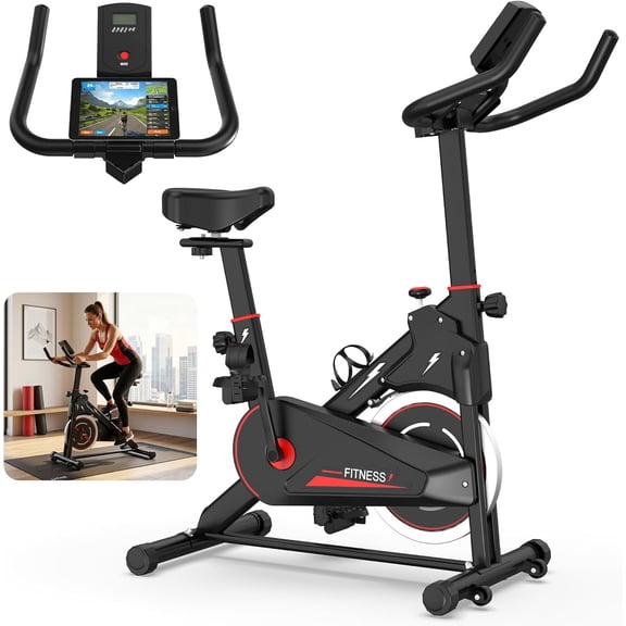 Indoor Exercise Bike, Stationary Cycling Bike with Magnetic Resistance, Smooth Belt Drive, Heavy Duty Steel Frame, Adjustable Seat & Handlebars, LCD Monitor & Holder Gym Bicycle for Home Workout