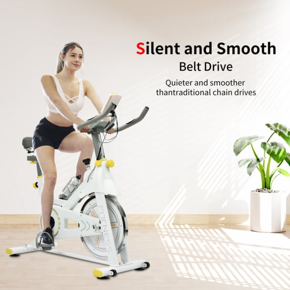Indoor Exercise Cycling Bike With Comfortable Seat Cushion Yellow White The Belt Drive System Provides A Smooth Quiet Ride That Won't Disturb Other Members Of The Room