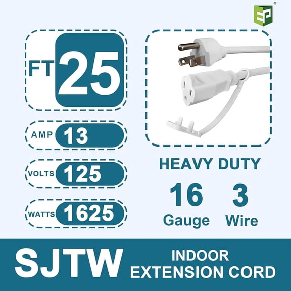 Indoor Extension Cord 1 to 3 Splitter, Max 13ft End to End (25FT Total), 3 Prong Outlets Plugs, 16/3 SJTW Weatherproof Wire for Christmas Landscape String Lights, White