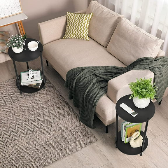 Indoor Farmhouse Storage Bamboo Round End Table, (Set of 2)