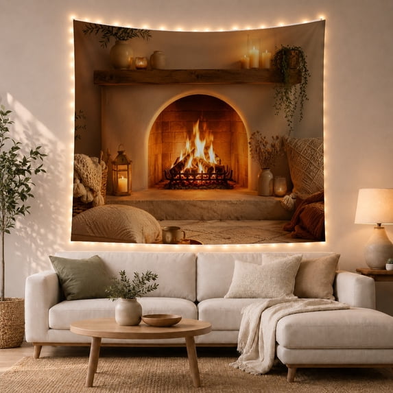 Indoor Fireplace in a Balanced Hearth Setting, Serene Rustic for Home Decor Lovers, Natural Fireside Art, Housewarming Gift, Tapestry Wall Hanging for Bedroom and Living Room