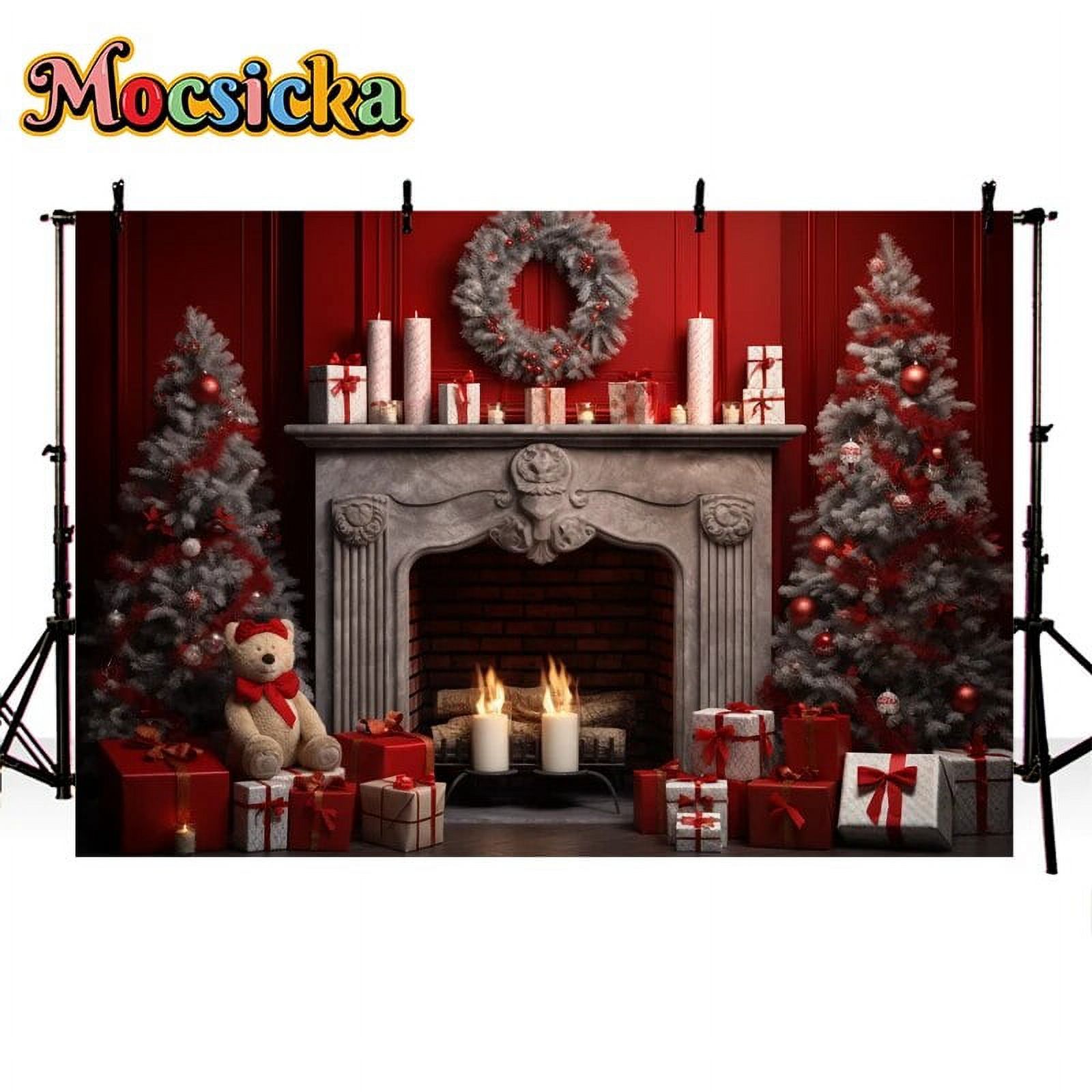 Indoor Fireplace Christmas Tree Red Wall Decoration Kids Portrait ...