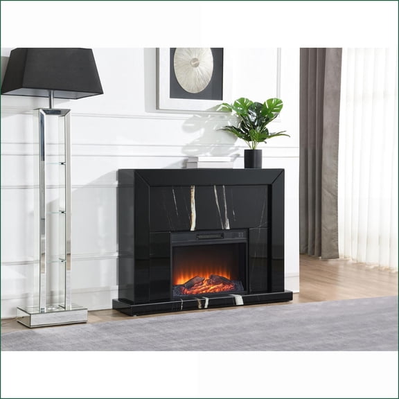 Indoor Fireplace, Modern Black Mirrored Finish with Firecore Heating | Black | Synthetic Wood