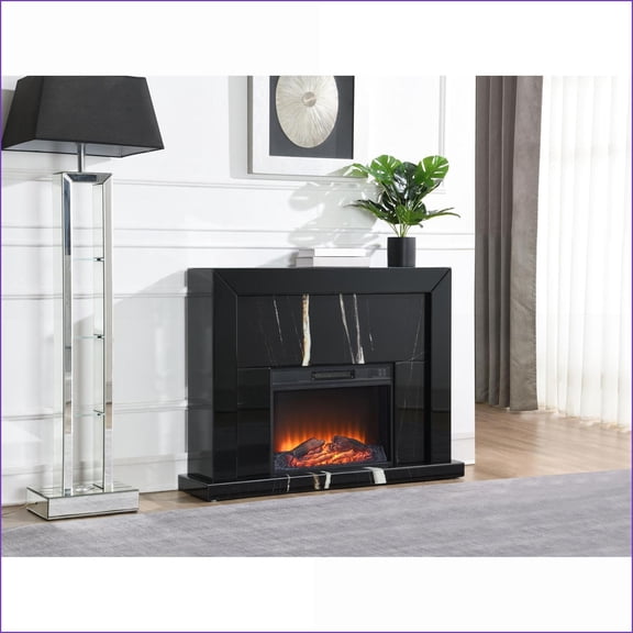 Indoor Fireplace, Modern Black Mirrored Finish with Marble Grain | Black | Synthetic Wood