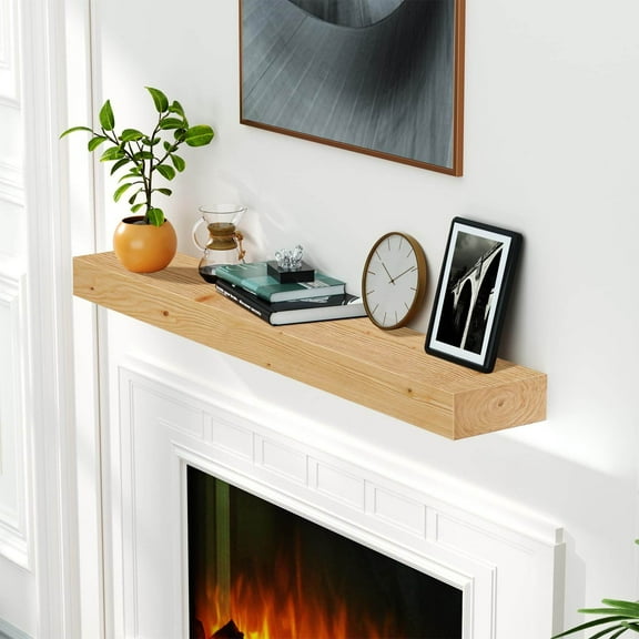 Indoor Fireplaces Fireplace Mantel,48" Wood Floating Fireplace Shelves,Wall Mounted Wooden Display Shelving,Handcrafted Wood Brack,Natural Mantels Over Fireplace,48" x 8" x 3"-Clear Varnished Natural