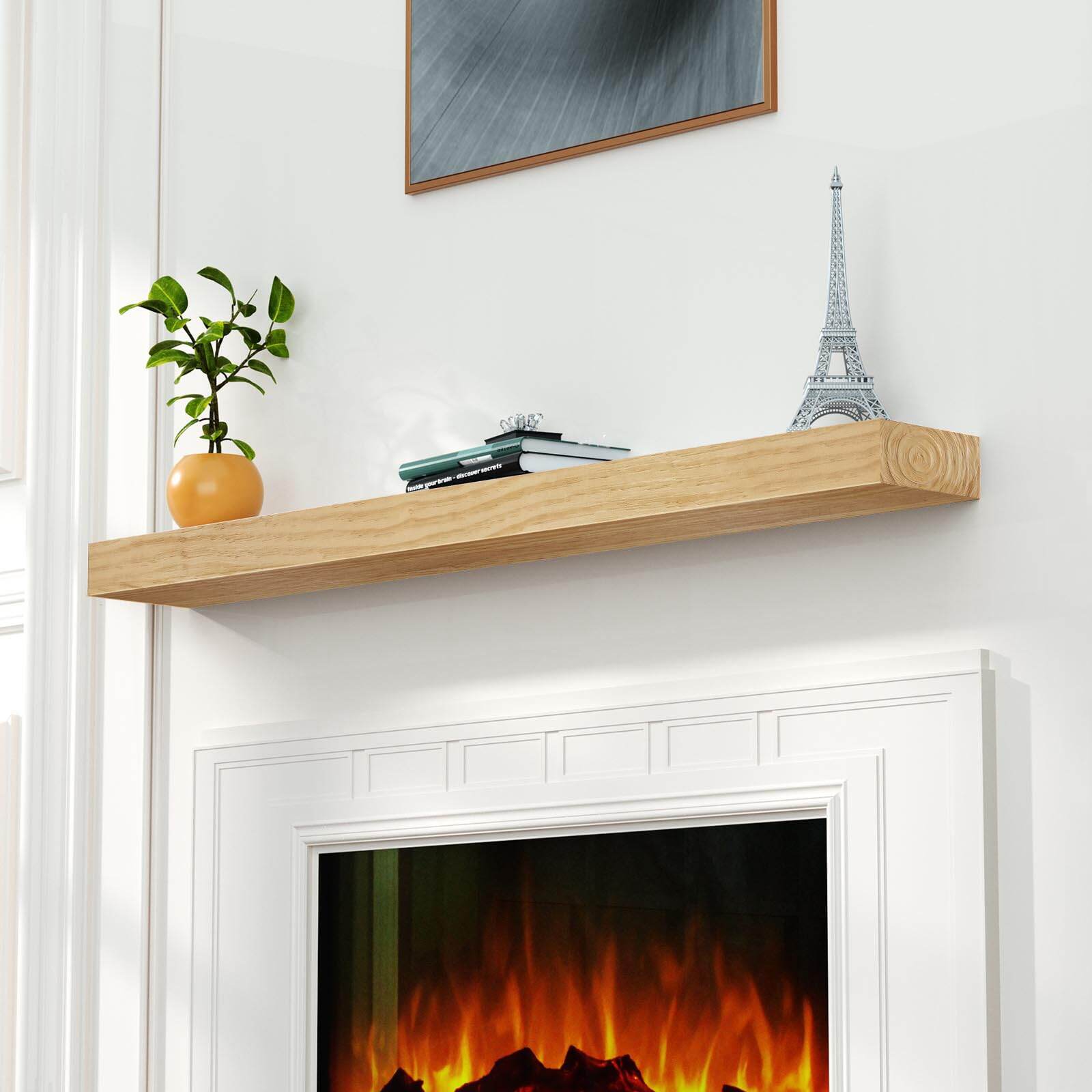 Indoor Fireplaces Fireplace Mantel, 60" Wood Floating Fireplace Shelf, Wall Mounted Handcrafted Wood Brack, Mantels Over Fireplace with Upgraded Resin End Caps,60" W x 8" Dx 3" H, Aged Oak,Electric I