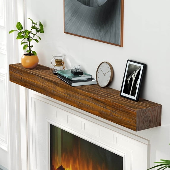 Indoor Fireplaces Fireplace Mantel,72" Wood Floating Fireplace Shelves,Wall Mounted Wooden Display Shelving,Handcrafted Wood Brack,Natural Mantels Over Fireplace,72" x 8" x 6"-Dark Chocolate,Electric