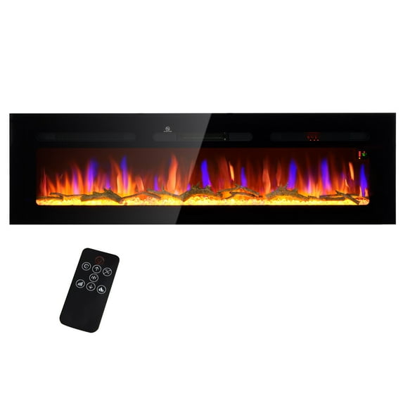 Indoor Fireplaces HOMCOM 60" Electric Fireplace Recessed and Wall Mounted with Remote Control, 1500W Fireplace Heater with 8H Timer, Adjustable Flame Color and Brightness, Log and Crystal,Electric In