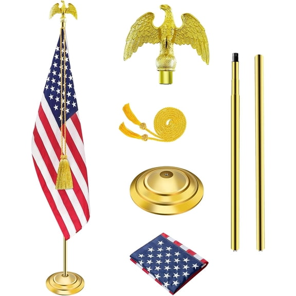 Indoor Flag Pole Kit with Golden Eagle Topper - 6-8ft Stainless Steel Commercial Indoor with Embroidered US Flag, Heavy Base for Home Office Government DepartmentGolden 1 Pack