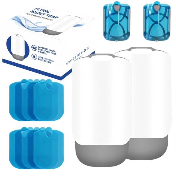 Indoor Flying Insect Trap (2-Pack) & 16 Refill Glue Boards, Plug-in Gnat & Fruit Fly Catcher for Kitchen, Home, & Office, Family & Pet Friendly