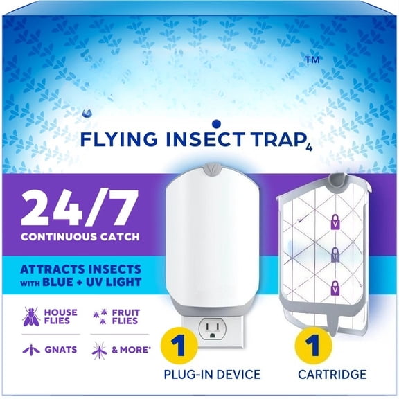 Indoor Flying Insect Trap for Fruit Flies, Gnats, and House Flies - Plug-In Base + Cartridge