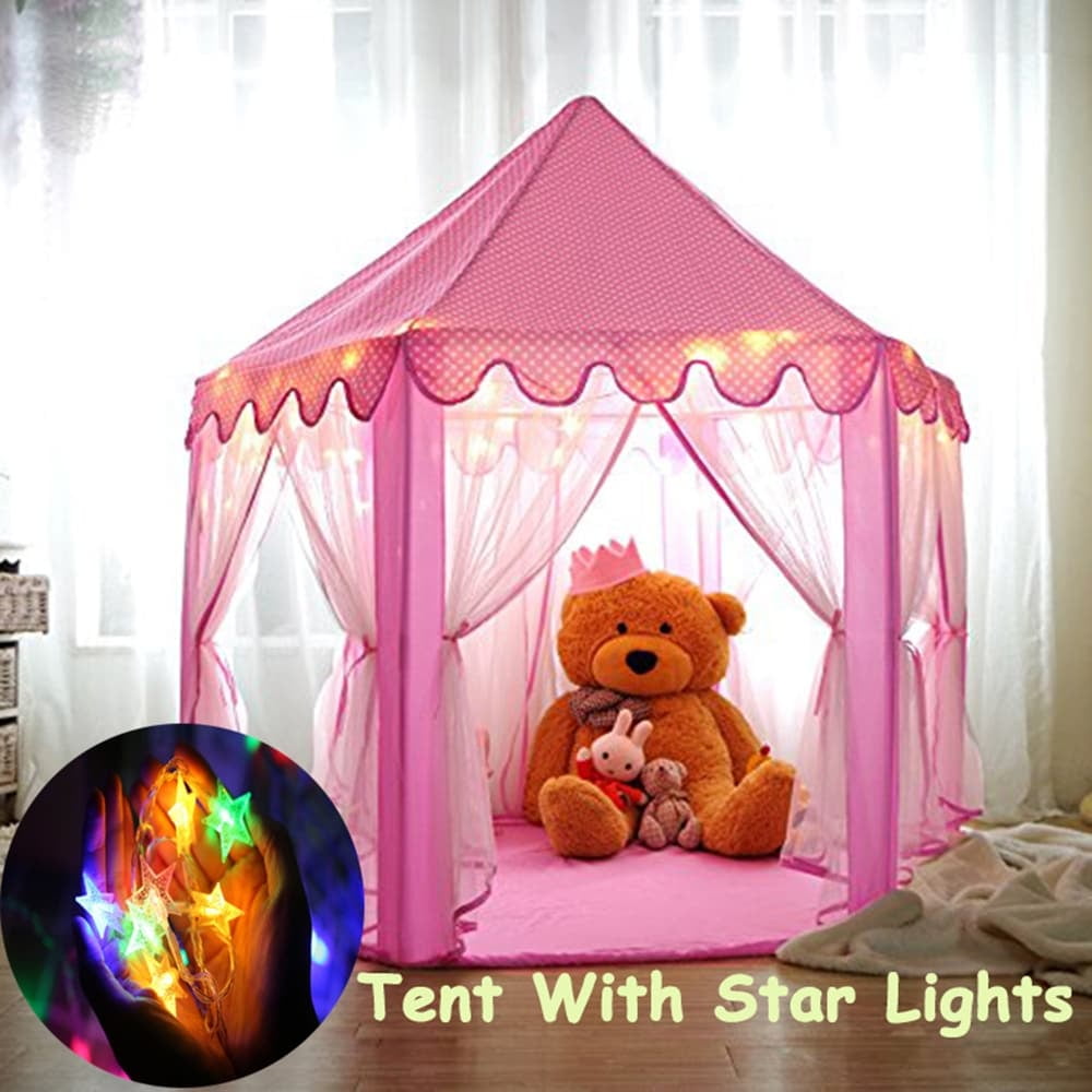 Pink Princess Castle Play Tent with LED Star Lights