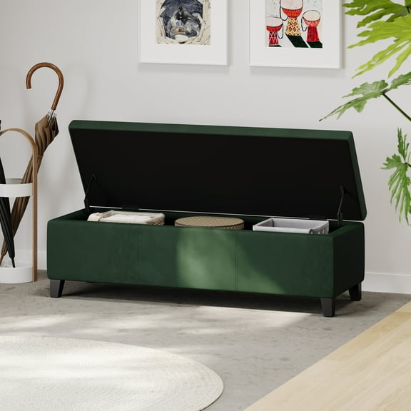 Indoor Forest Green Storage Ottoman Bench - 51.25''L Upholstered Entryway