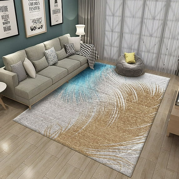 Indoor Golden Blue Feather rug, Easy Cleaning, Non Shedding, Bed Room, Living Room, Dining Room, Backyard, Deck, Patio-4x5ft
