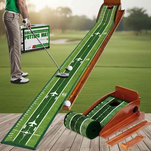 Indoor Golf Putting Mat Easy to Assemble with Automatic Ball Return, Wrinkle-Free Close to Real Green Speed, for Office, Recreation Room, Patio Gift
