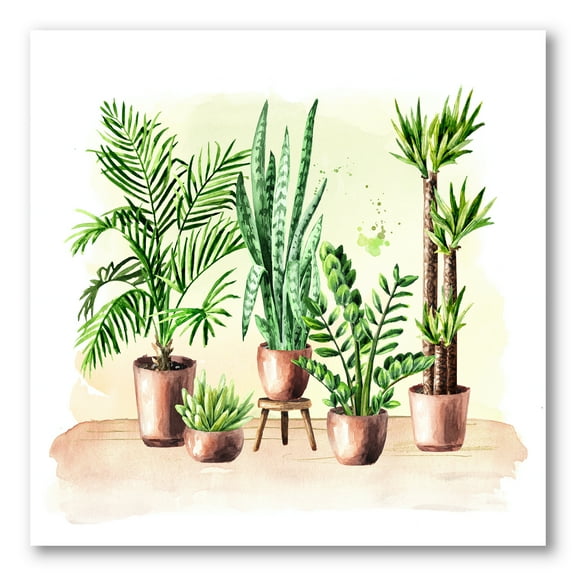 Indoor Green Home House Plants in Pots I 16 in x 16 in Painting Canvas Art Print, by Designart