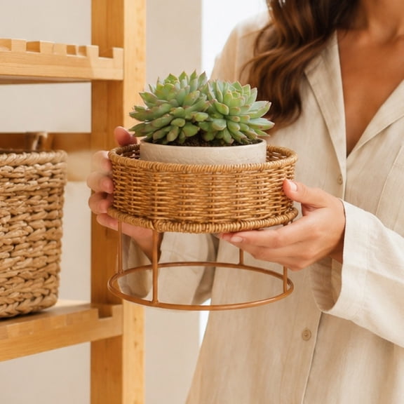 Indoor Greenery Stand, Imitation Rattan Mini Flower Rack, Desktop Greenery Storage Basket, Lightweight Shelf, Stylish Organizer for Living Room Study Bedroom Greenery Display and Storage(7*5.5*5.5in)