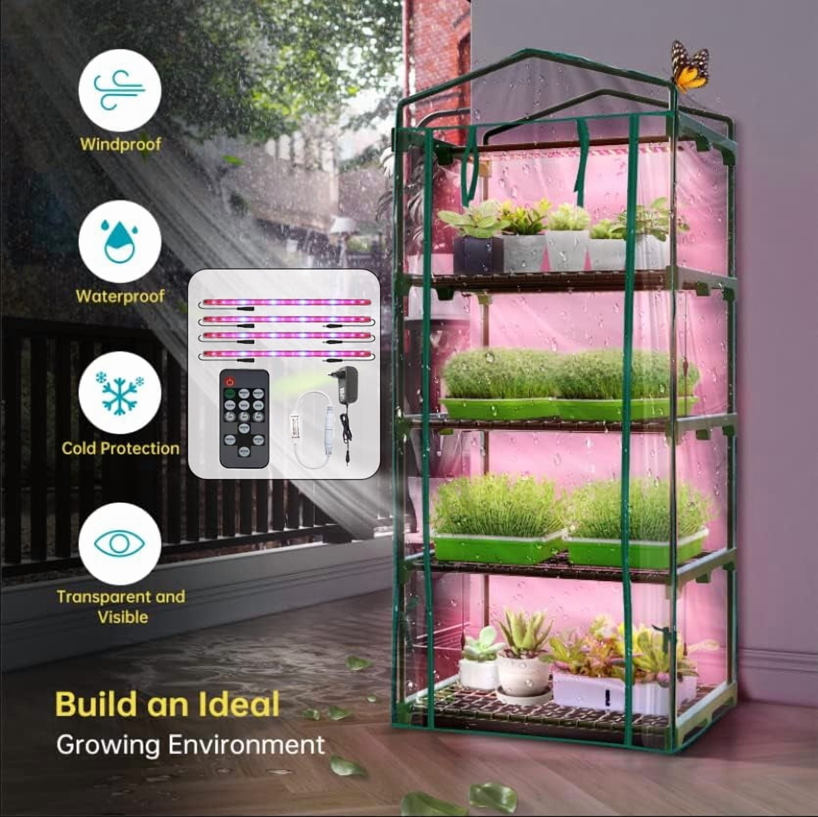 Indoor Greenhouse with Grow Lights - 4 Tiers 27.6"L×19.3"W×61.4"H Outdoor Mini Green House with Zip PVC Cover and Dimmable 15W Full Spectrum Plant Light with Timer for Seed Starting Trays