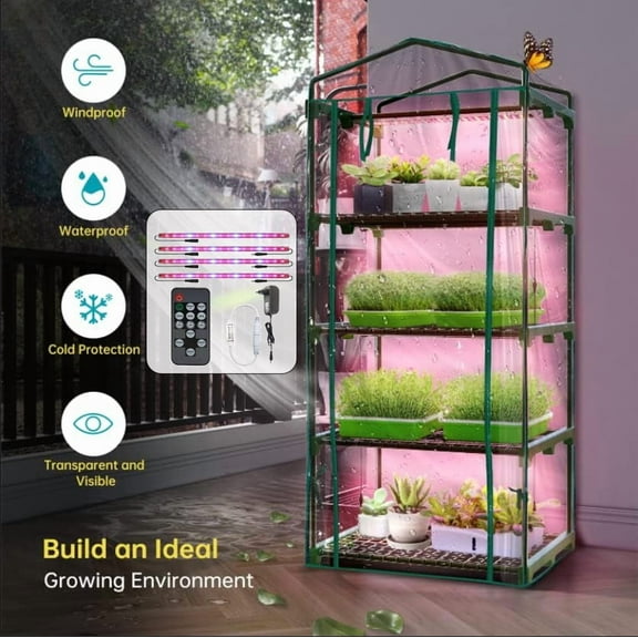 Indoor Greenhouse with Grow Lights - 4 Tiers 27.6"L19.3"W61.4"H Outdoor Mini Green House with Zip PVC Cover and Dimmable 15W Full Spectrum Plant Light with Timer for Seed Starting Trays