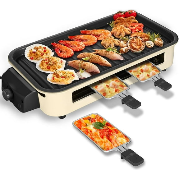 Electric Indoor Grill 1500W, YOHAWJAN 2 in 1 Smokeless Indoor Grills with Non-stick Removable Grill & Griddle Plate, Temperature Control, Portable Korean BBQ Grill with 3 Raclette Cheese Pans