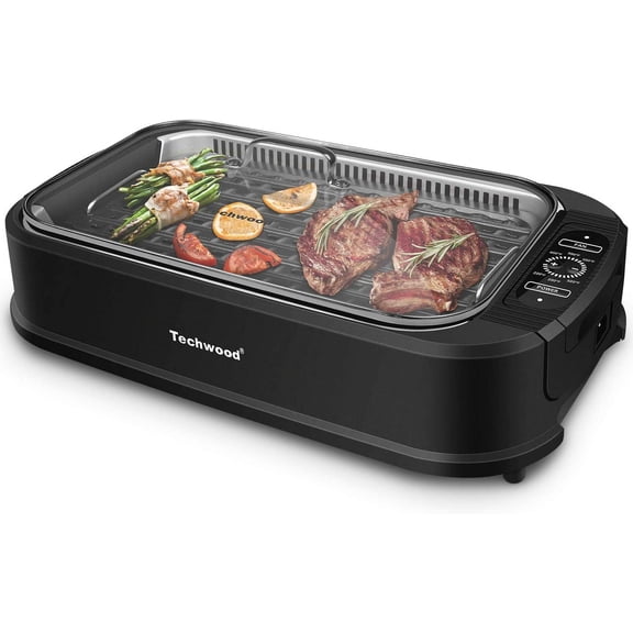 Indoor Grill 1500W Smokeless Electric Grill with Tempered Glass Lid Compact & Portable Non-Stick BBQ Grill with 6-Level Control Dishwasher Safe Black