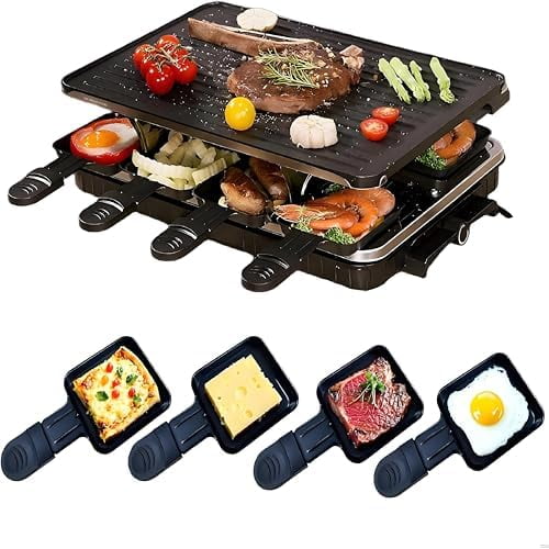 Indoor Grill Table Smokeless Portable Griddle Raclette Grill Nonstick with 8 Cheese Maker Pans Temperature Control & Dishwasher Safe 1300W Ideal for Parties and Family Fun