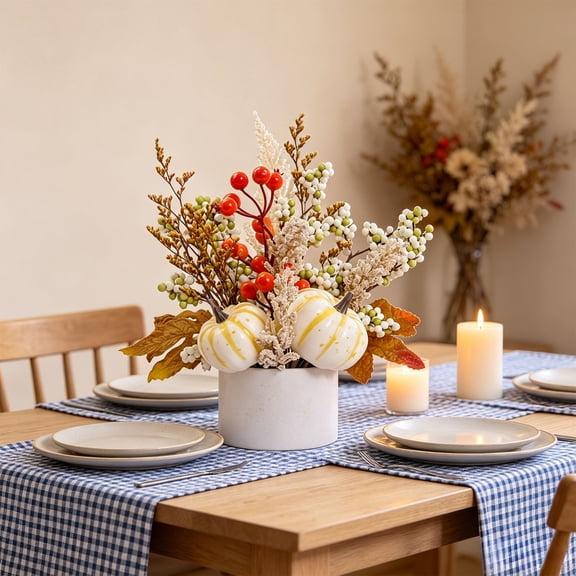 Indoor Halloween Decor, Artificial Autumn Potted Plants, Maple Leaf Rice Ear Pumpkin Decor, Thanksgiving Fall Farmhouse Table Centerpiece, Faux Arrangement for Home Shelf Office Mantel, White Ccwuwei