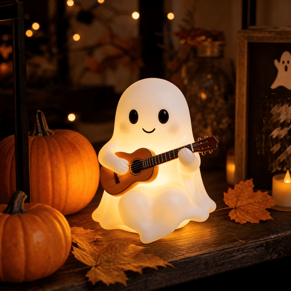 Indoor Halloween Decor Glowing Ghost Glow Lamp – Skull Guitar Ghost Halloween Light – Warm Nightstand Halloween Home Decor for Living Room Autumn Display