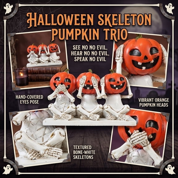 Indoor Halloween Decorations, Halloween Skeletons, Pumpkin Decorations for Home, Skeleton Decor, 7X9 Inch Cute Spooky See No Evil Style Resin Figure for Entryway Desktop