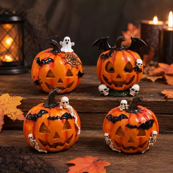 Indoor Halloween Decorations, Halloween Table Decor, Halloween Centerpiece, Pumpkin Table Decor, 4.5X4.5X4 Inch Resin Ghost Skeleton Bat Accent for Dining Desk Holiday Accent