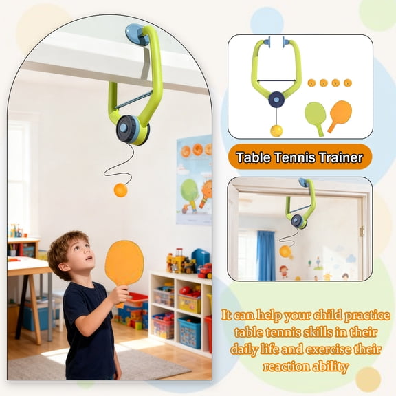 Indoor Hanging Ping Pong Practice Set Portable Table Tennis Trainer Adjustable Rope Improve Hand-Eye Coordination with Paddles and Balls for Kids (1 Hanging Trainer + 6 Balls + 2 Rackets)