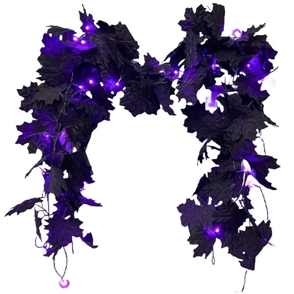 Indoor Hauntingly Maple Vine Garland With Warm LED Lights Black & Deep Gold Decor For Mantels Staircases And Walls,Simulation of Shengqiu maple leaf rattan(Purple,66.93")