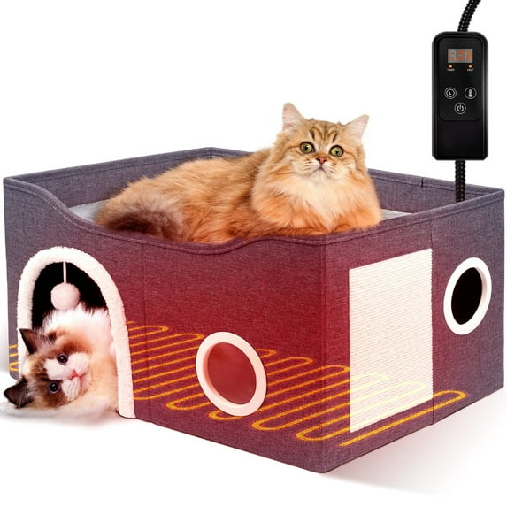 Indoor Heated Cat House, Adjustable Temperature Cat Heating Bed with Timer and Chew Resistant Cord, Large Cat House with Heating Pad for Small Medium and Large Cats